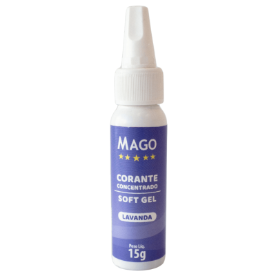 Frasco plástico branco de corante concentrado em gel lavanda com rótulo lilás.