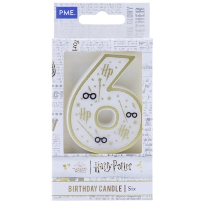 Vela de aniversário número 6 temática Harry Potter em embalagem branca com detalhes dourados e pretos