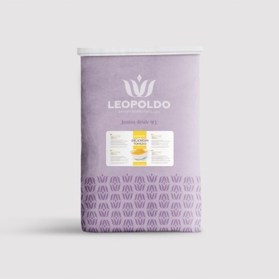 Saco lilás com etiqueta de produto LEOPOLDO e padrão na parte inferior