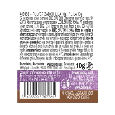 Embalagem de pulverizador lilás 10g com texto em várias línguas e código de barras.