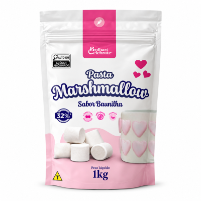 Embalagem branca e rosa de pasta marshmallow sabor baunilha com ilustração e texto visível