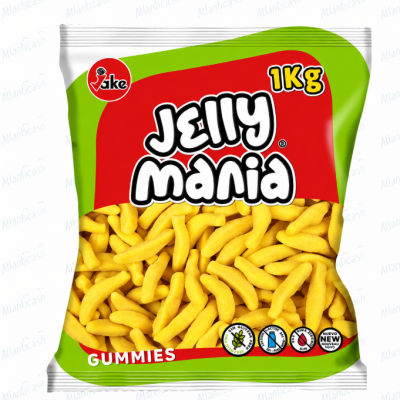 Embalagem de doces Jelly Mania 1kg em plástico verde, branco e vermelho com doces amarelos