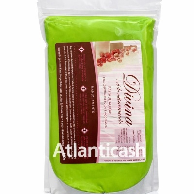 Pacote plástico de pasta de açúcar verde para bolos com rótulo detalhado