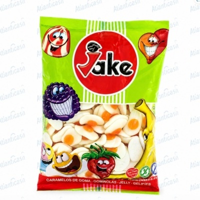 Pacote de caramelos de goma Jake com imagens de frutas sorridentes e doces visíveis