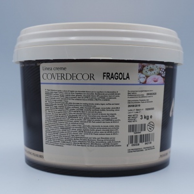 Baldes de creme COVERDECOR FRAGOLA 3 kg com tampa branca e rótulo preto e bege