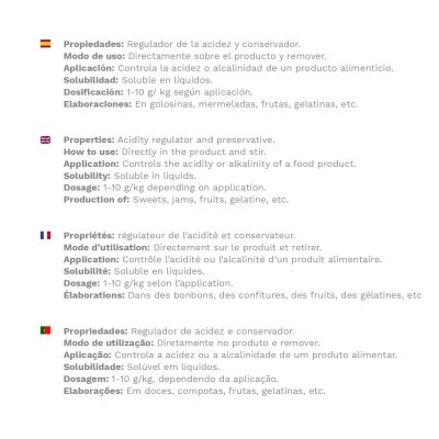 Texto informativo sobre regulador de acidez e conservador em várias línguas