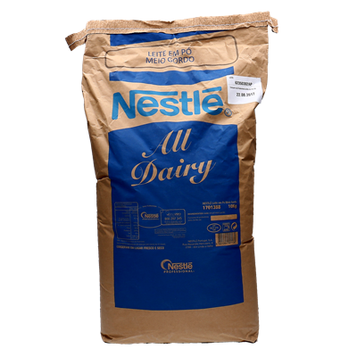 Saco de papel castanho com design azul e texto Nestlé All Dairy em branco e azul.