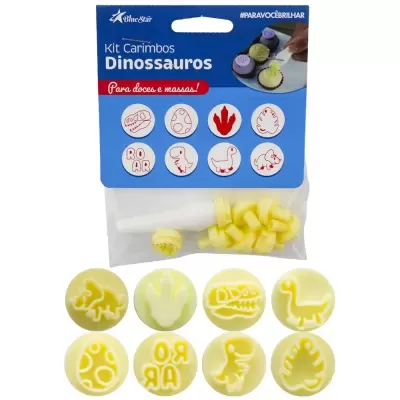 Kit Carimbos Dinossauros para doces e massas com 8 carimbos amarelos e suporte branco