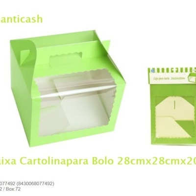 Caixa verde para bolo em cartolina com janela transparente e peças para montagem