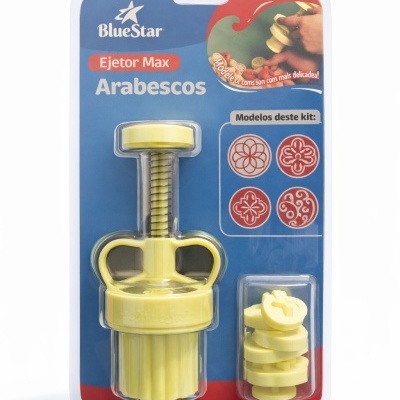 Conjunto de modelador de arabescos BlueStar Ejotor Max em plástico amarelo em embalagem blister azul e vermelho
