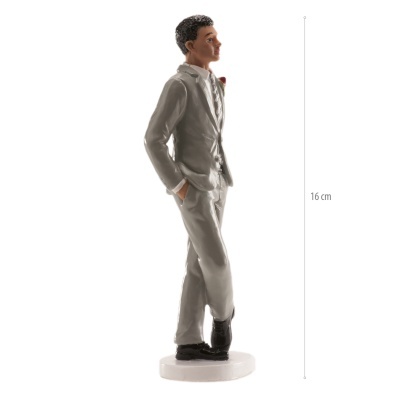 Figura masculina decorativa de 16 cm com fato cinzento e flor vermelha na lapela