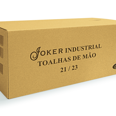 Caixa de papelão castanho com texto de toalhas de mão industriais e logo Joker