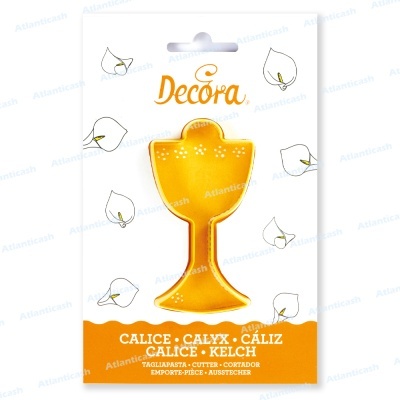 Cortador dourado em forma de cálice com embalagem branca e laranja da marca Decora