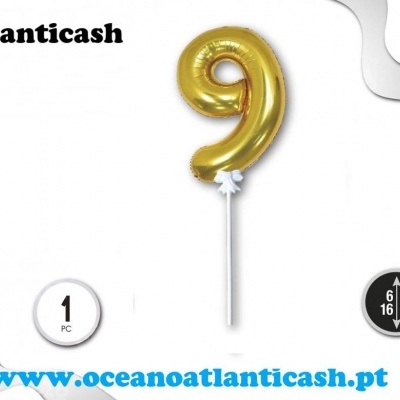 Balão dourado número 9 em material metalizado com palito branco