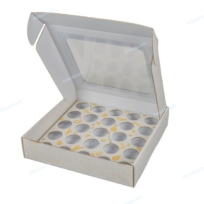 Caixa branca para 24 cupcakes com tampa transparente e decoração dourada