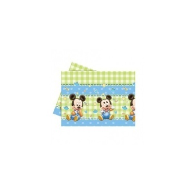 Toalha de mesa com padrão verde e azul com desenhos do rato Mickey