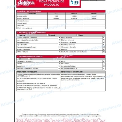 Ficha técnica de produto Dekora com informações de análise microbiológica, alérgenos, e conservação
