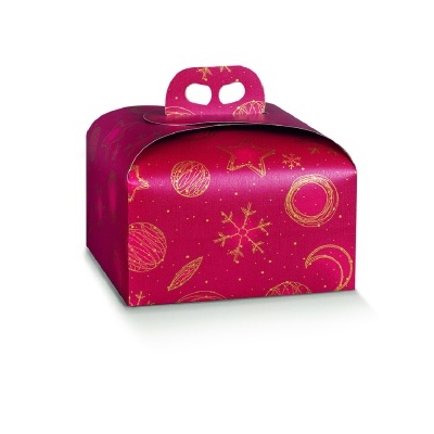 Caixa de presente vermelha com padrão dourado espacial e alça para transporte