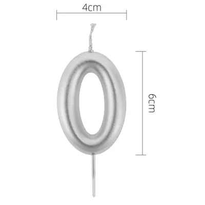 Vela prateada número zero com suporte e medidas exibidas