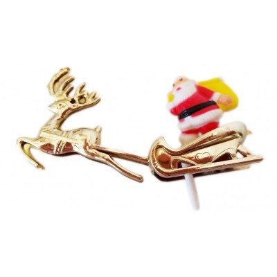Alfinete de rena dourada com trenó e figura de Pai Natal colorida