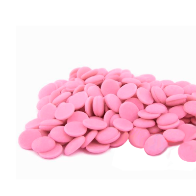 Pastilhas de chocolate rosa redondas empilhadas