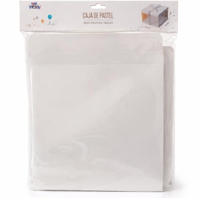 Caixa de papel branca para bolo embalada em plástico transparente com etiqueta na parte superior