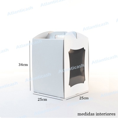 Caixa de cartão branco com janela transparente e medidas 34x25x25 cm