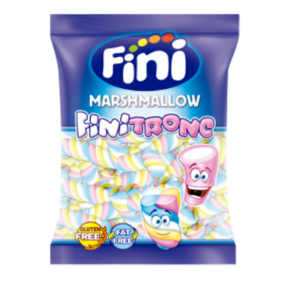 Pacote azul de marshmallows Fini Tronco com personagens animados e etiquetas sem glúten e sem gordura