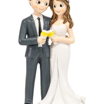Bonecos de noivos em resina, noivo de fato cinzento e noiva com vestido branco e flores na cabeça