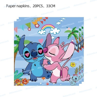 Guardanapos de papel azuis e rosas com desenho de personagens e cenário tropical