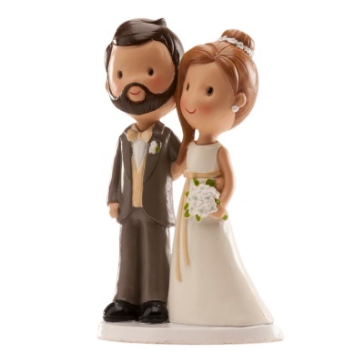 Figuras decorativas de casal de noivos com roupa formal e bouquet de flores