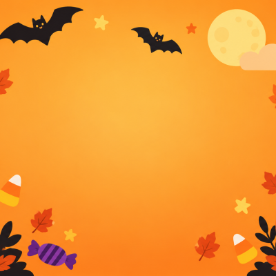 Ilustração de Halloween com abóboras, morcegos, fantasmas e doces