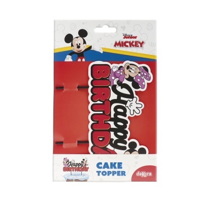 Topo de bolo decorativo Happy Birthday com a imagem do Mickey na embalagem.