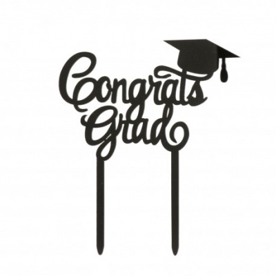 Topo de bolo preto 'Congrats Grad' com capelo de formatura