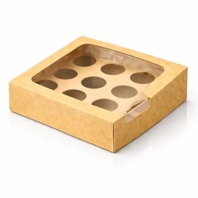 Embalagem de cartão para 12 cupcakes com janela em plástico transparente.