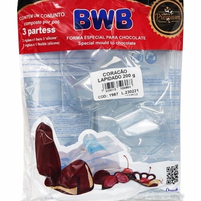 Embalagem de forma para chocolate BWB, formato coração lapidado, com texto e gráficos