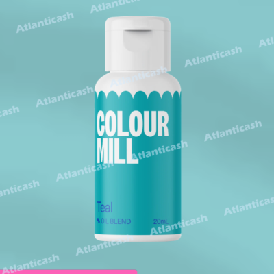 Frasco branco com rótulo azul turquesa e texto COLOUR MILL