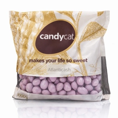 Pacote de doces Candycat cor lilás em embalagem branca e dourada