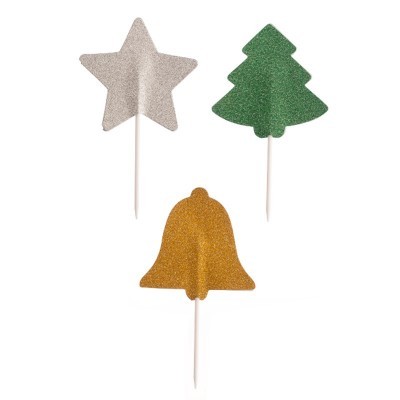 Toppers de bolo festivos com glitter em forma de estrela, árvore de natal e sino