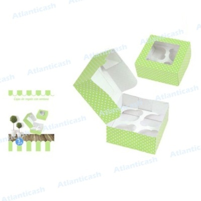 Caixa para 4 cupcakes verde claro com pontos brancos e janela transparente