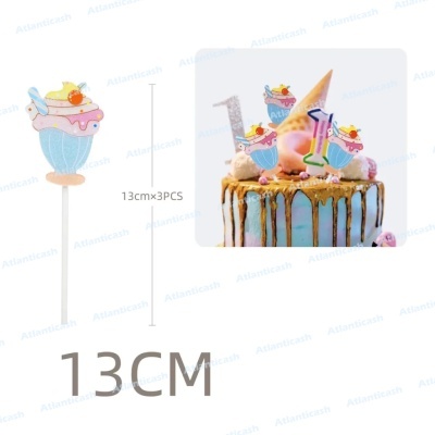 Vela de bolo com taça de gelado colorida com haste branca de 13 cm