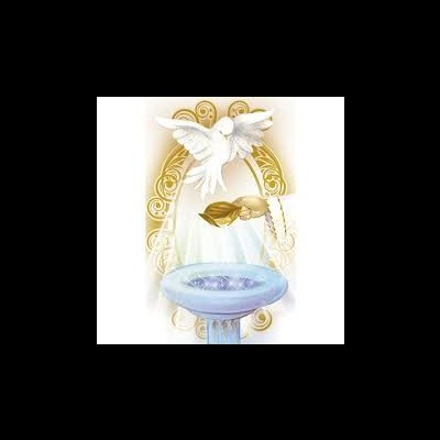 Pomba branca, mão dourada com vaso, pia batismal azul e fundo decorativo dourado