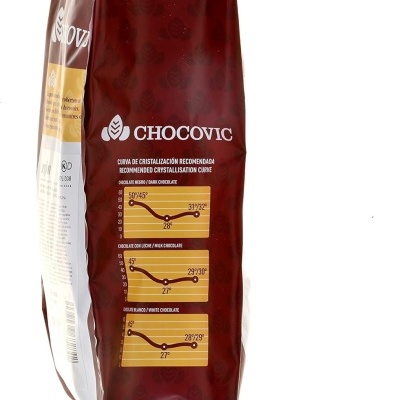 Embalagem de chocolate Chocovic castanha escura com gráficos de cristalização