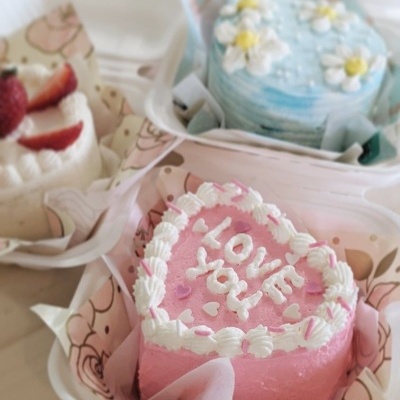 Três bolos decorativos coloridos em caixas plásticas