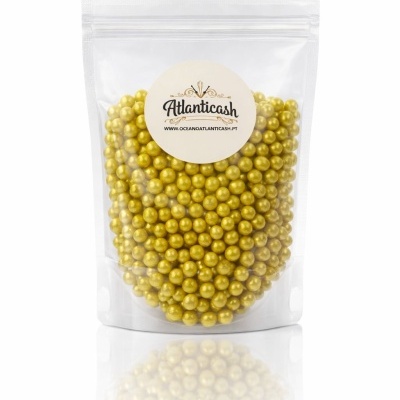 Saco plástico transparente com bolinhas douradas e rótulo redondo branco