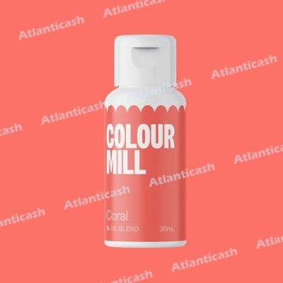 Frasco pequeno color coral com tampa branca e texto COLOUR MILL