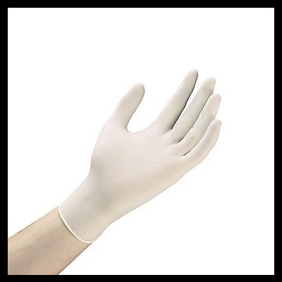 Mão com luva descartável branca