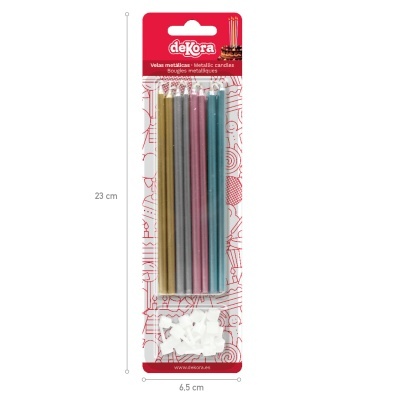 Embalagem de velas metálicas decorativas dekora com seis velas coloridas e suporte branco