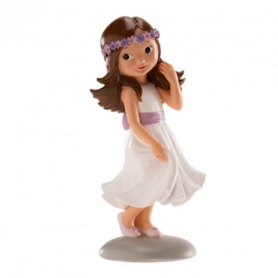 Estatueta menina com vestido branco e faixa lilás
