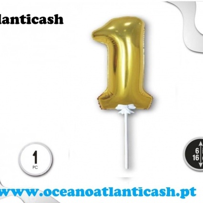 Balão dourado número 1 em embalagem com texto Atlanticash e www.oceanoatlanticash.pt